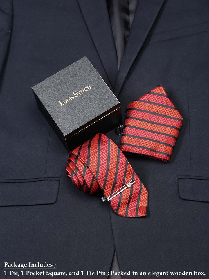  Ruby Red Luxury Italian Silk Necktie Set With Pocket Square Chrome Tie pin