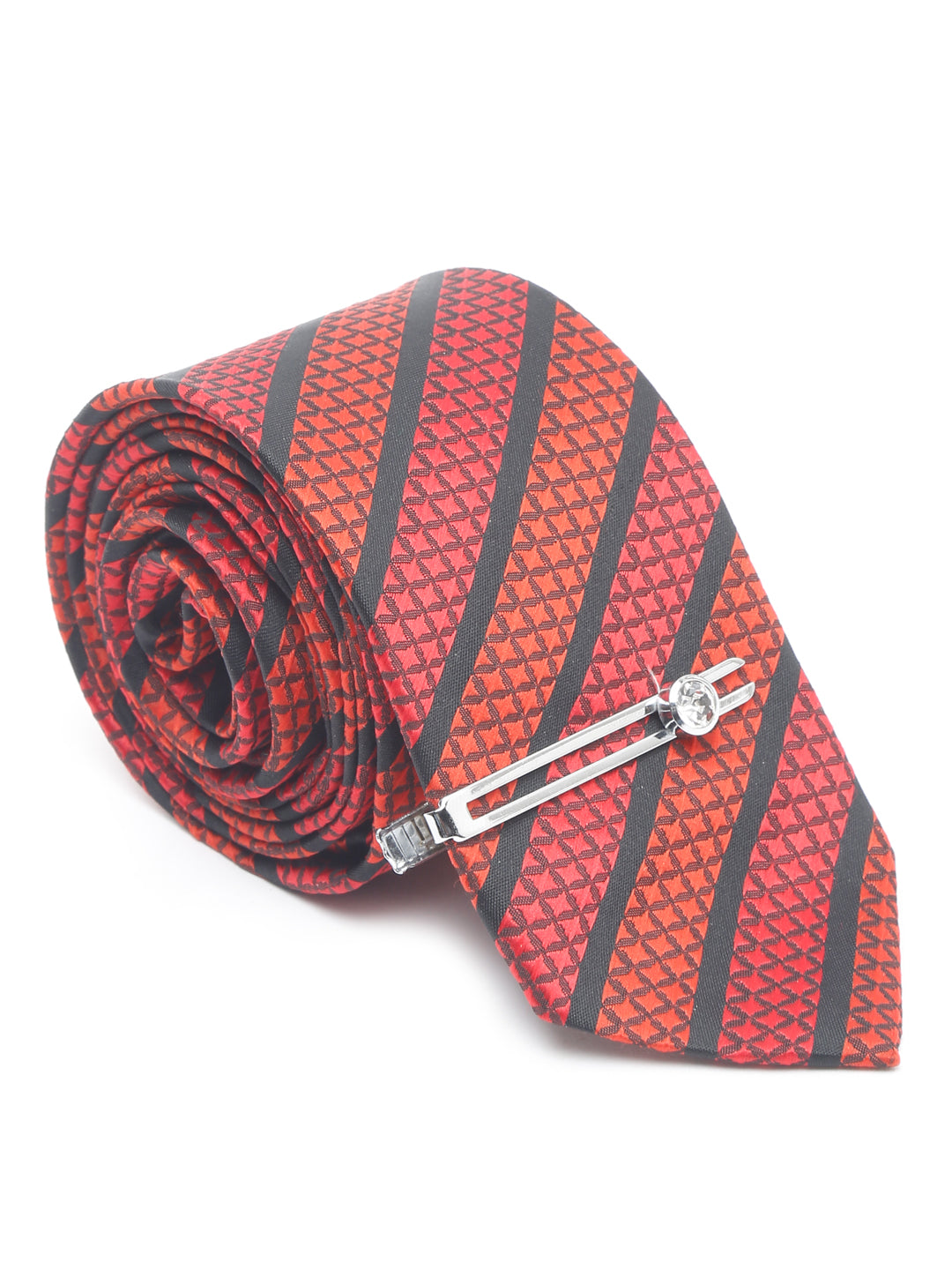 Ruby Red Luxury Italian Silk Necktie Set With Pocket Square Chrome Tie pin