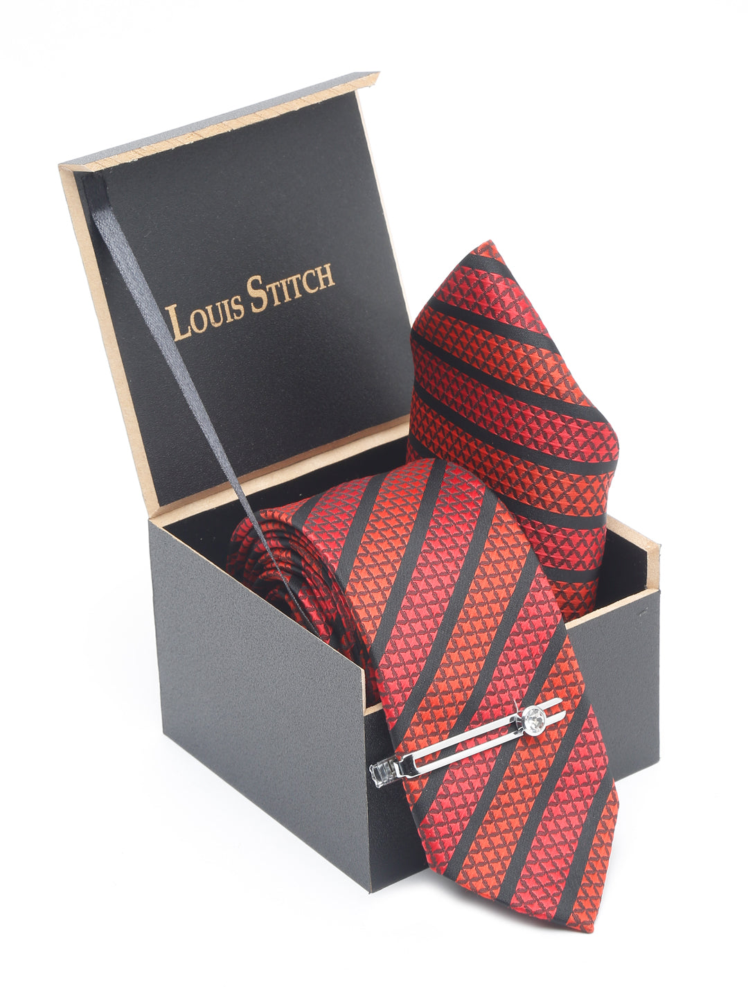 Ruby Red Luxury Italian Silk Necktie Set With Pocket Square Chrome Tie pin