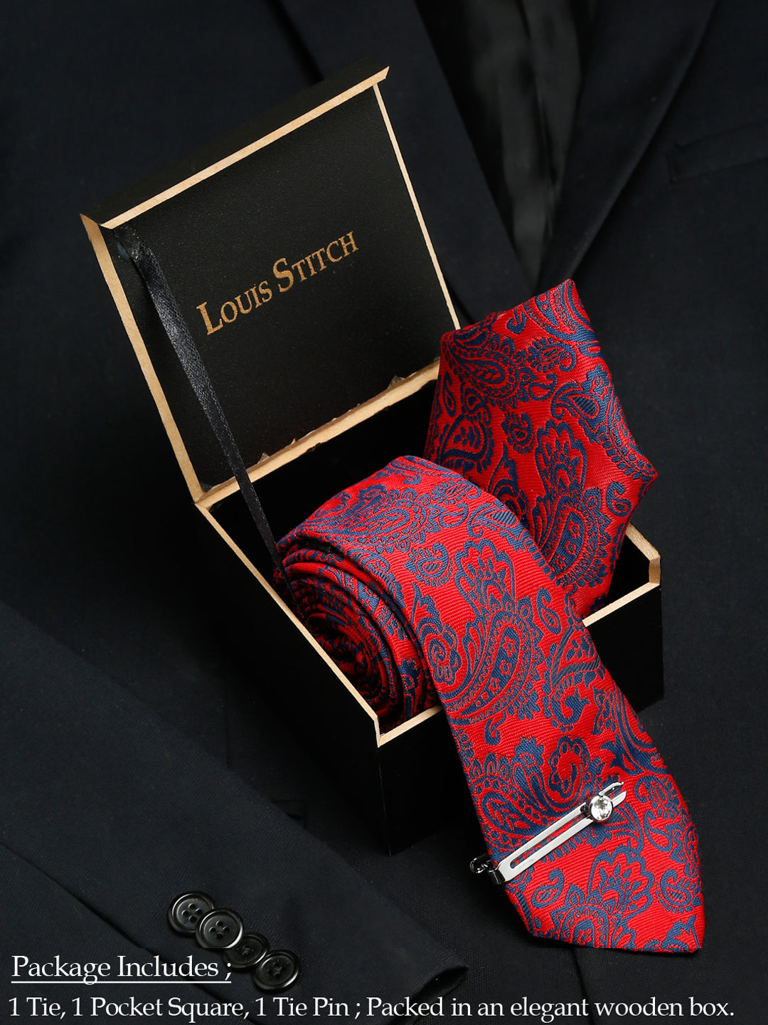 Candy Red Luxury Italian Silk Necktie Set With Pocket Square Chrome Tie pin