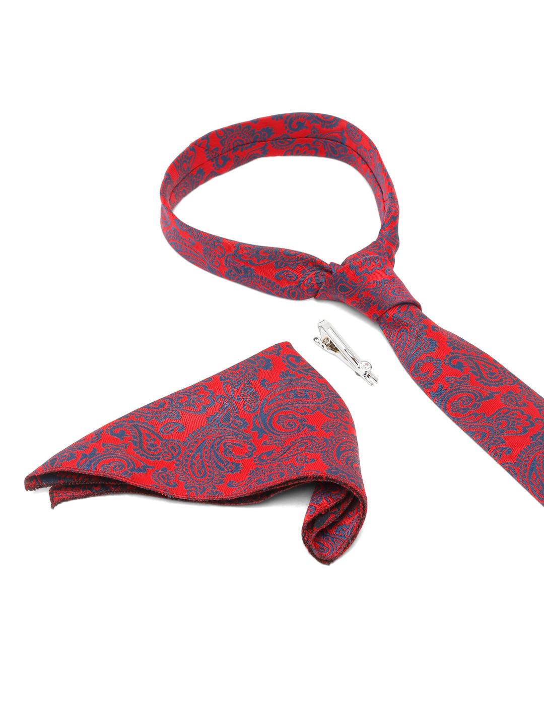 Candy Red Luxury Italian Silk Necktie Set With Pocket Square Chrome Tie pin