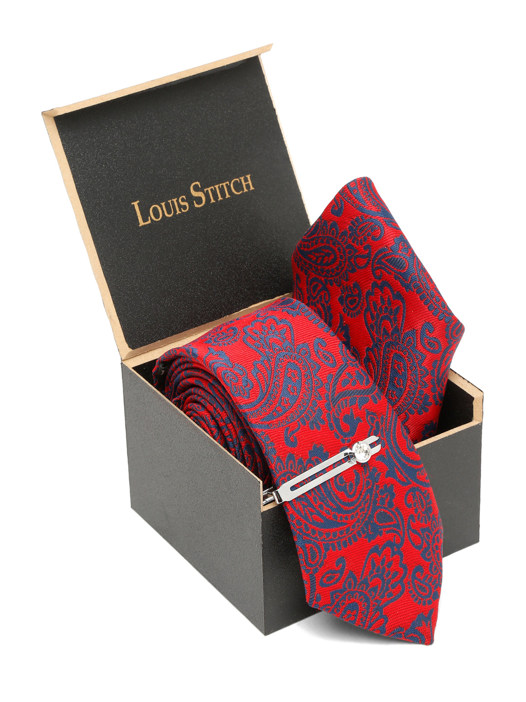 Candy Red Luxury Italian Silk Necktie Set With Pocket Square Chrome Tie pin