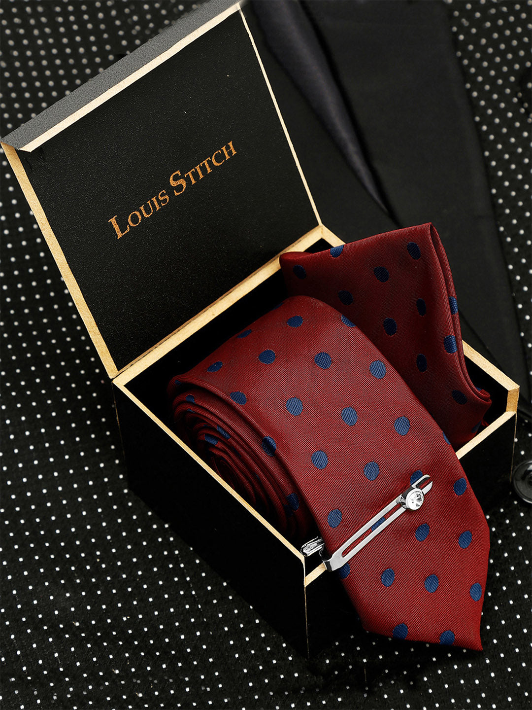 Polka Red Luxury Italian Silk Necktie Set With Pocket Square Chrome Tie pin