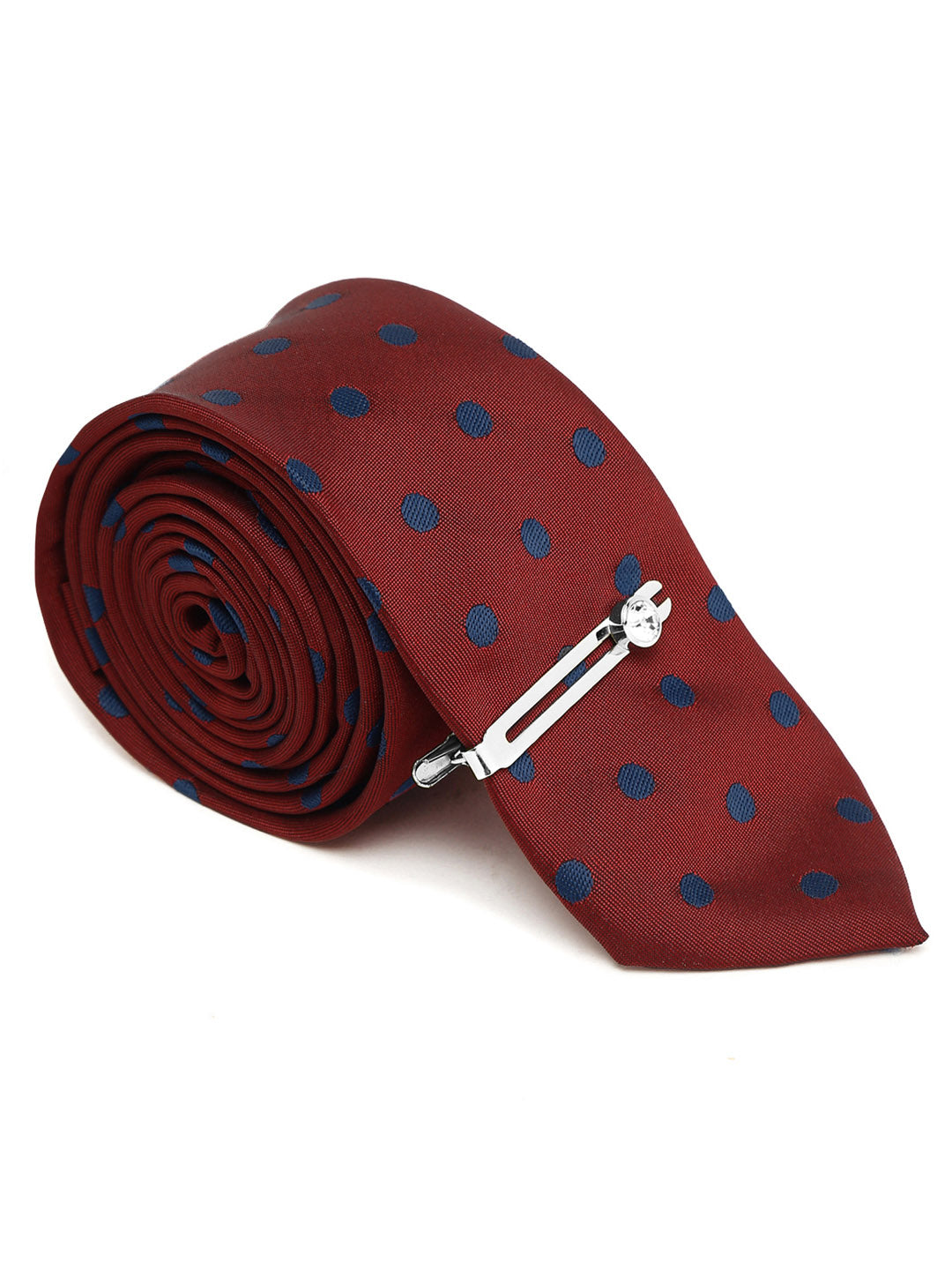 Polka Red Luxury Italian Silk Necktie Set With Pocket Square Chrome Tie pin