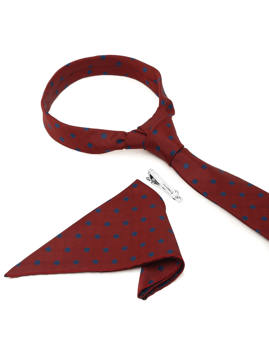 Polka Red Luxury Italian Silk Necktie Set With Pocket Square Chrome Tie pin