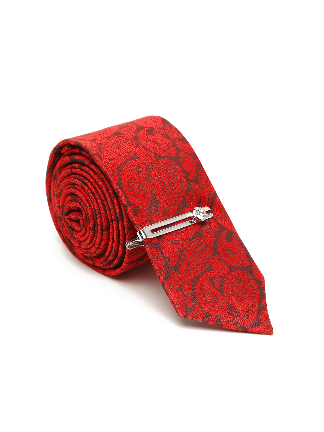 Floral Red Luxury Italian Silk Necktie Set With Pocket Square Chrome Tie pin