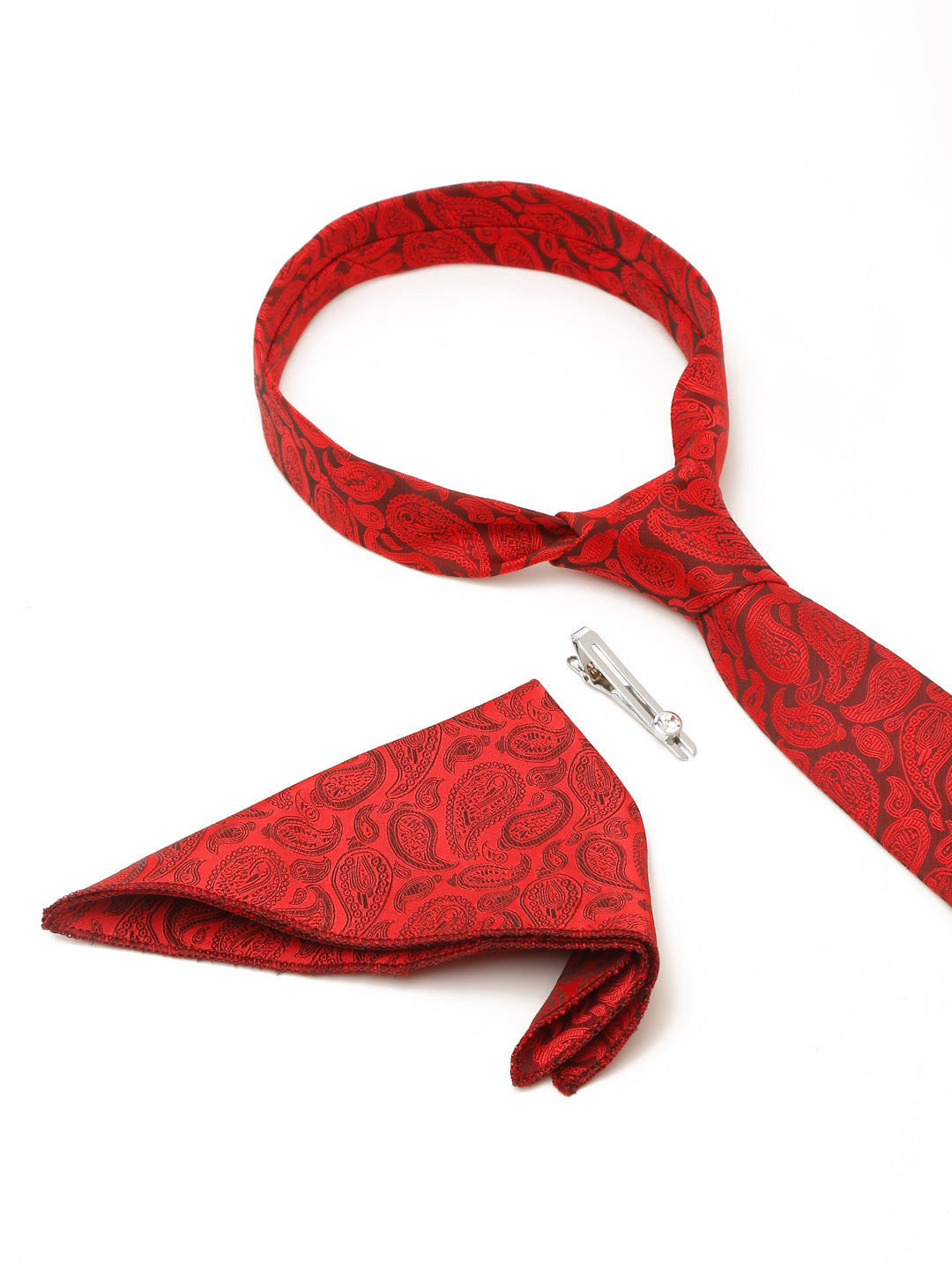 Floral Red Luxury Italian Silk Necktie Set With Pocket Square Chrome Tie pin