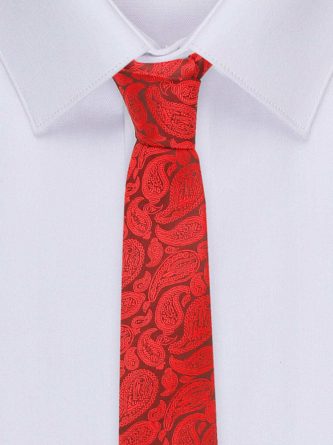 Floral Red Luxury Italian Silk Necktie Set With Pocket Square Chrome Tie pin