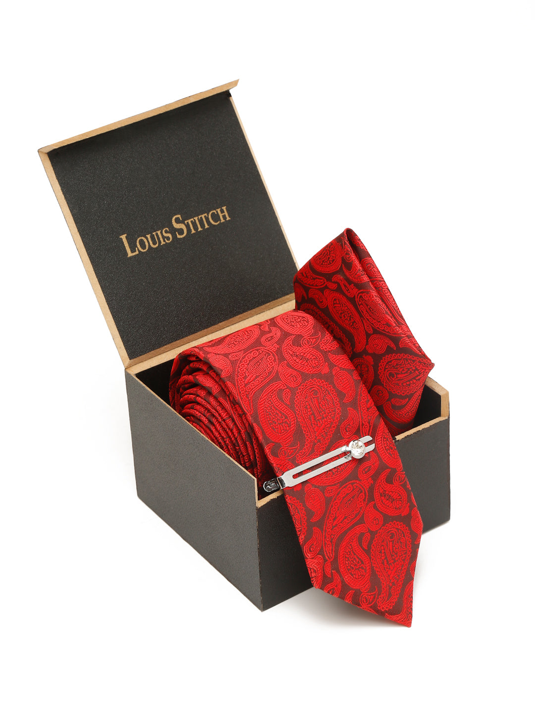 Floral Red Luxury Italian Silk Necktie Set With Pocket Square Chrome Tie pin