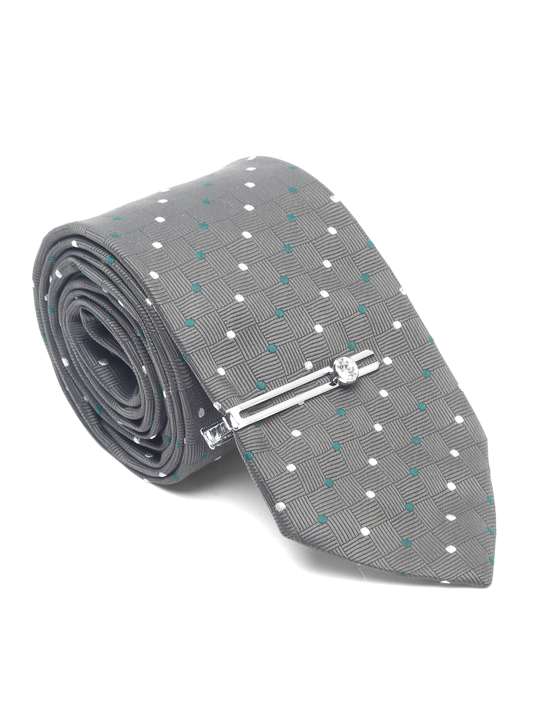 Grey polka Luxury Italian Silk Necktie Set With Pocket Square Chrome Tie pin