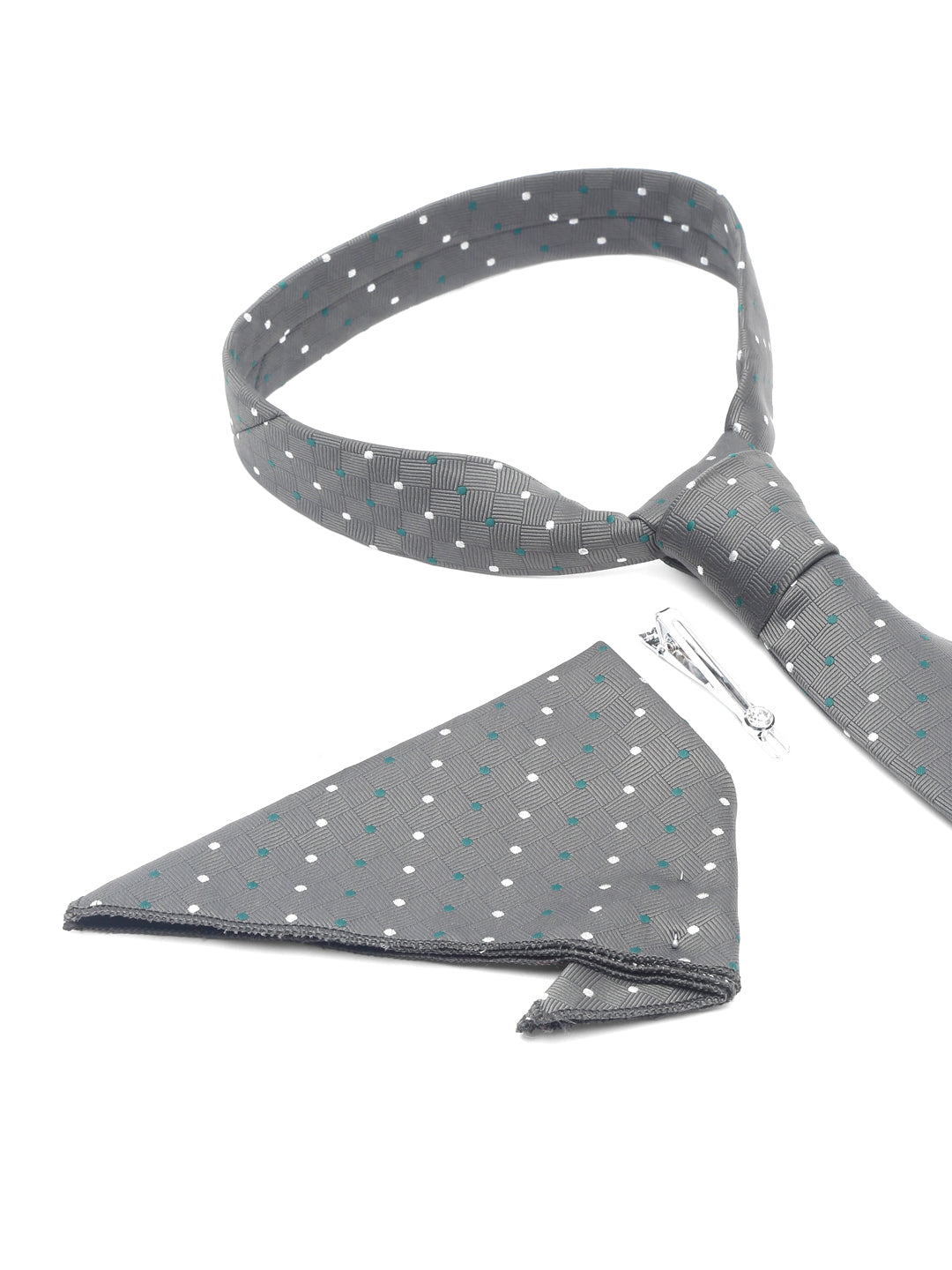 Grey polka Luxury Italian Silk Necktie Set With Pocket Square Chrome Tie pin