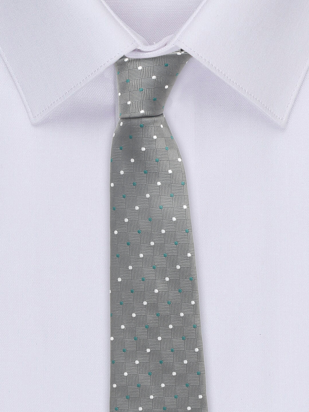 Grey polka Luxury Italian Silk Necktie Set With Pocket Square Chrome Tie pin