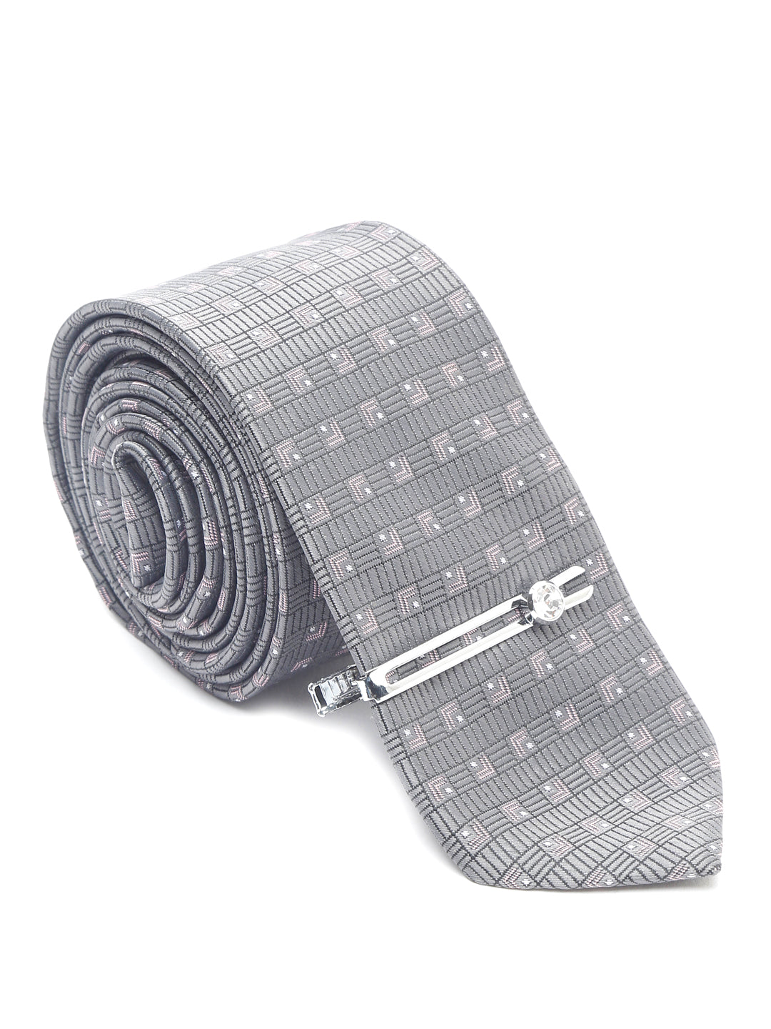 Grey Checkerd Luxury Italian Silk Necktie Set With Pocket Square Chrome Tie pin