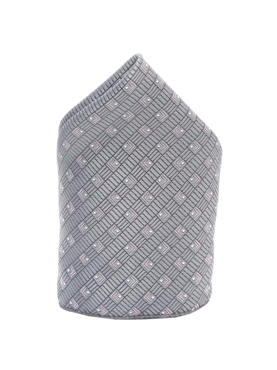 Grey Checkerd Luxury Italian Silk Necktie Set With Pocket Square Chrome Tie pin