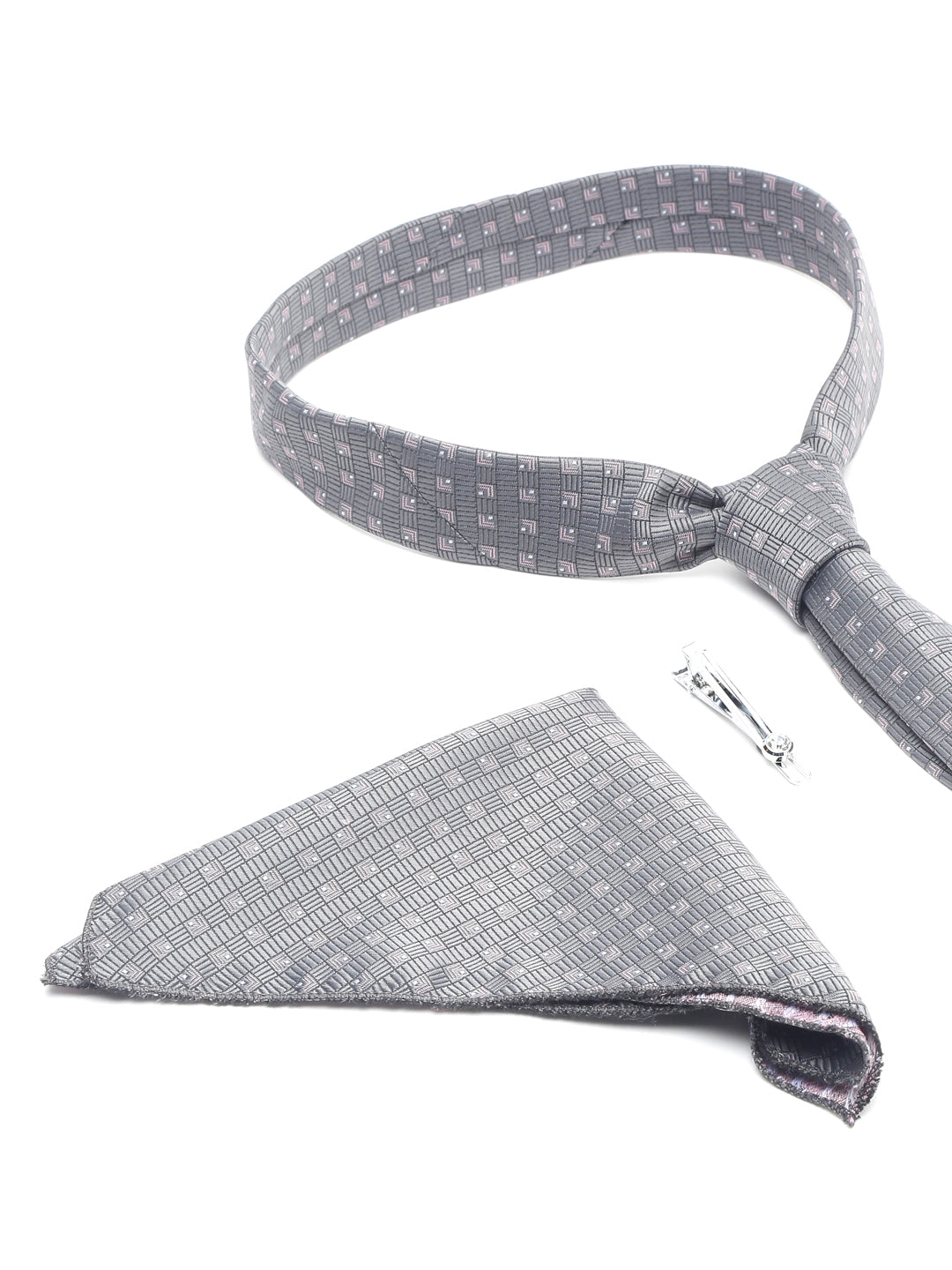 Grey Checkerd Luxury Italian Silk Necktie Set With Pocket Square Chrome Tie pin