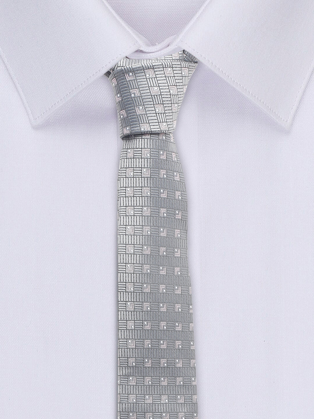 Grey Checkerd Luxury Italian Silk Necktie Set With Pocket Square Chrome Tie pin