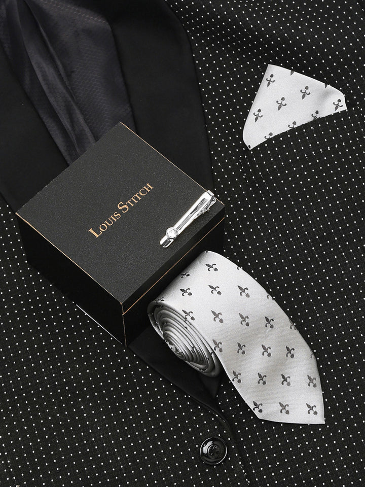 Arrow Grey Luxury Italian Silk Necktie Set With Pocket Square Chrome Tie pin