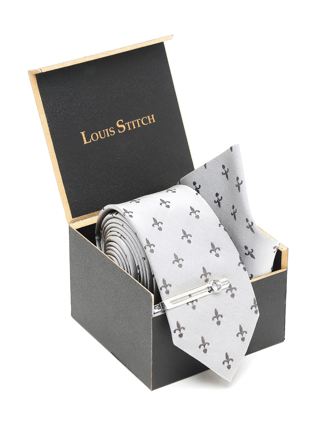 Arrow Grey Luxury Italian Silk Necktie Set With Pocket Square Chrome Tie pin