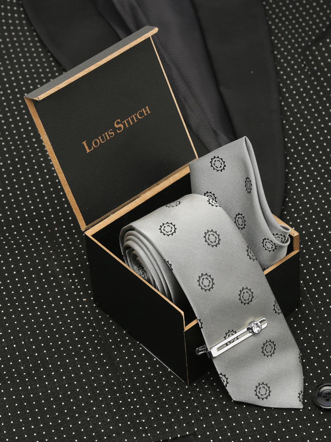 Polka Grey Luxury Italian Silk Necktie Set With Pocket Square Chrome Tie pin