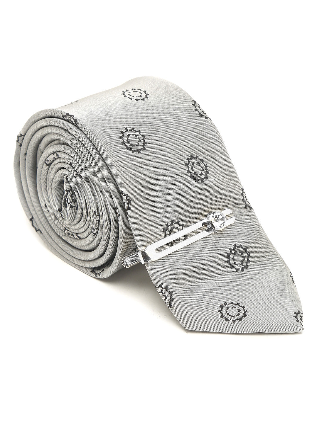 Polka Grey Luxury Italian Silk Necktie Set With Pocket Square Chrome Tie pin