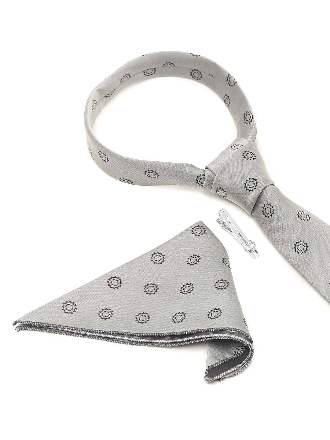 Polka Grey Luxury Italian Silk Necktie Set With Pocket Square Chrome Tie pin