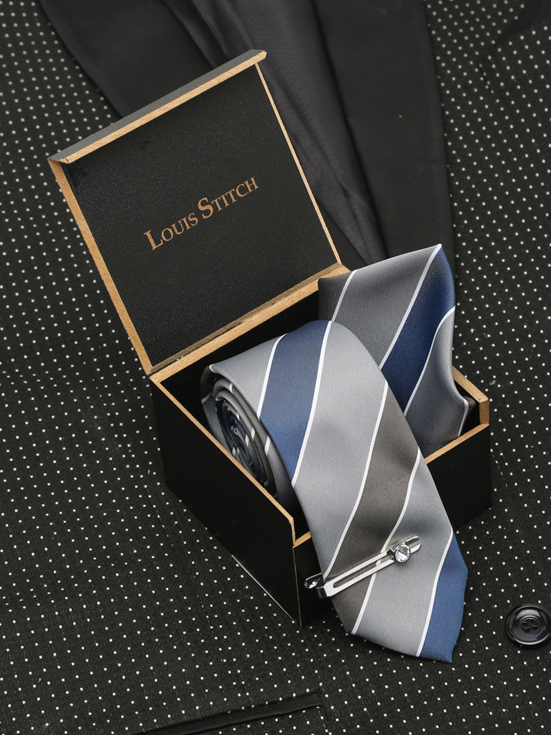 Lined Blue Luxury Italian Silk Necktie Set With Pocket Square Chrome Tie pin