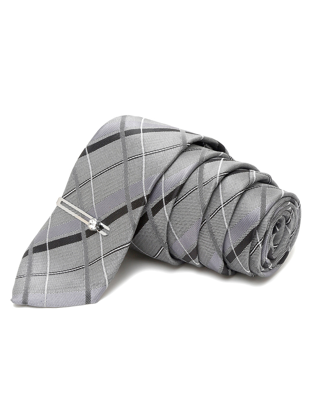 Pewter Grey Italian Silk Necktie Set Pocket Square Chrome Tiepin