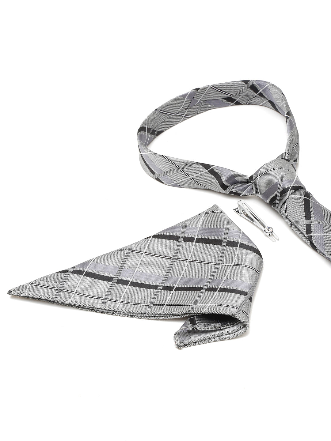 Pewter Grey Italian Silk Necktie Set Pocket Square Chrome Tiepin