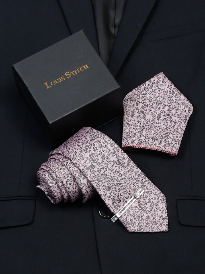  Baby Pink Luxury Italian Silk Necktie Set With Pocket Square Chrome Tie pin