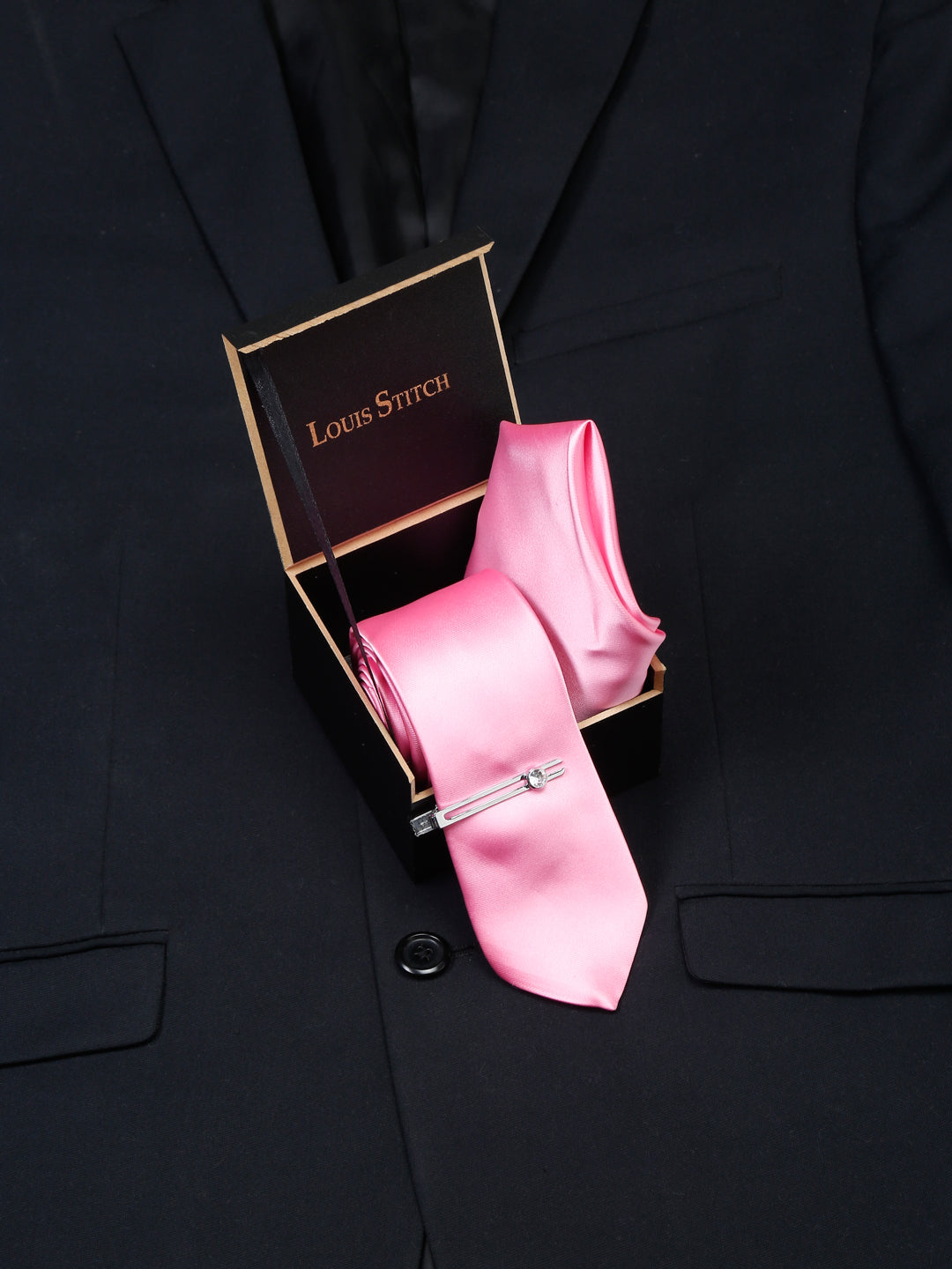 Premium Pink Luxury Italian Silk Necktie Set With Pocket Square Chrome Tie pin