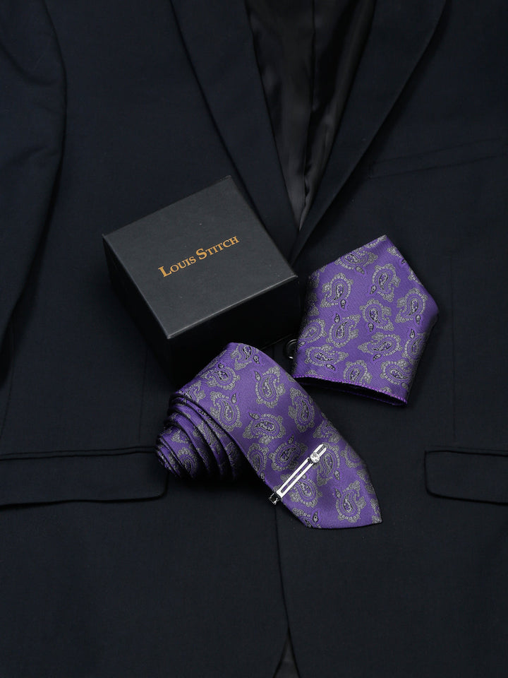  Iris Purple Luxury Italian Silk Necktie Set With Pocket Square Chrome Tie pin