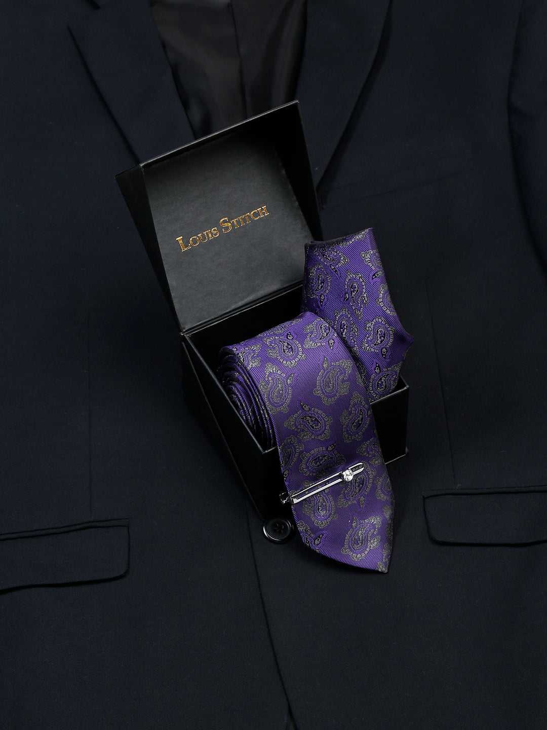 Iris Purple Luxury Italian Silk Necktie Set With Pocket Square Chrome Tie pin