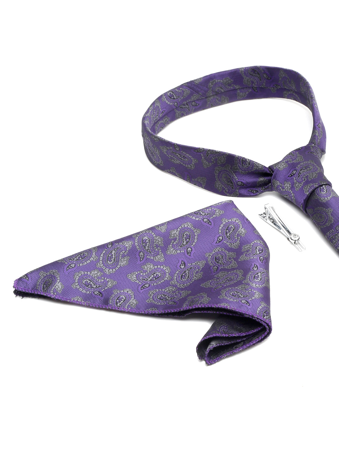 Iris Purple Luxury Italian Silk Necktie Set With Pocket Square Chrome Tie pin