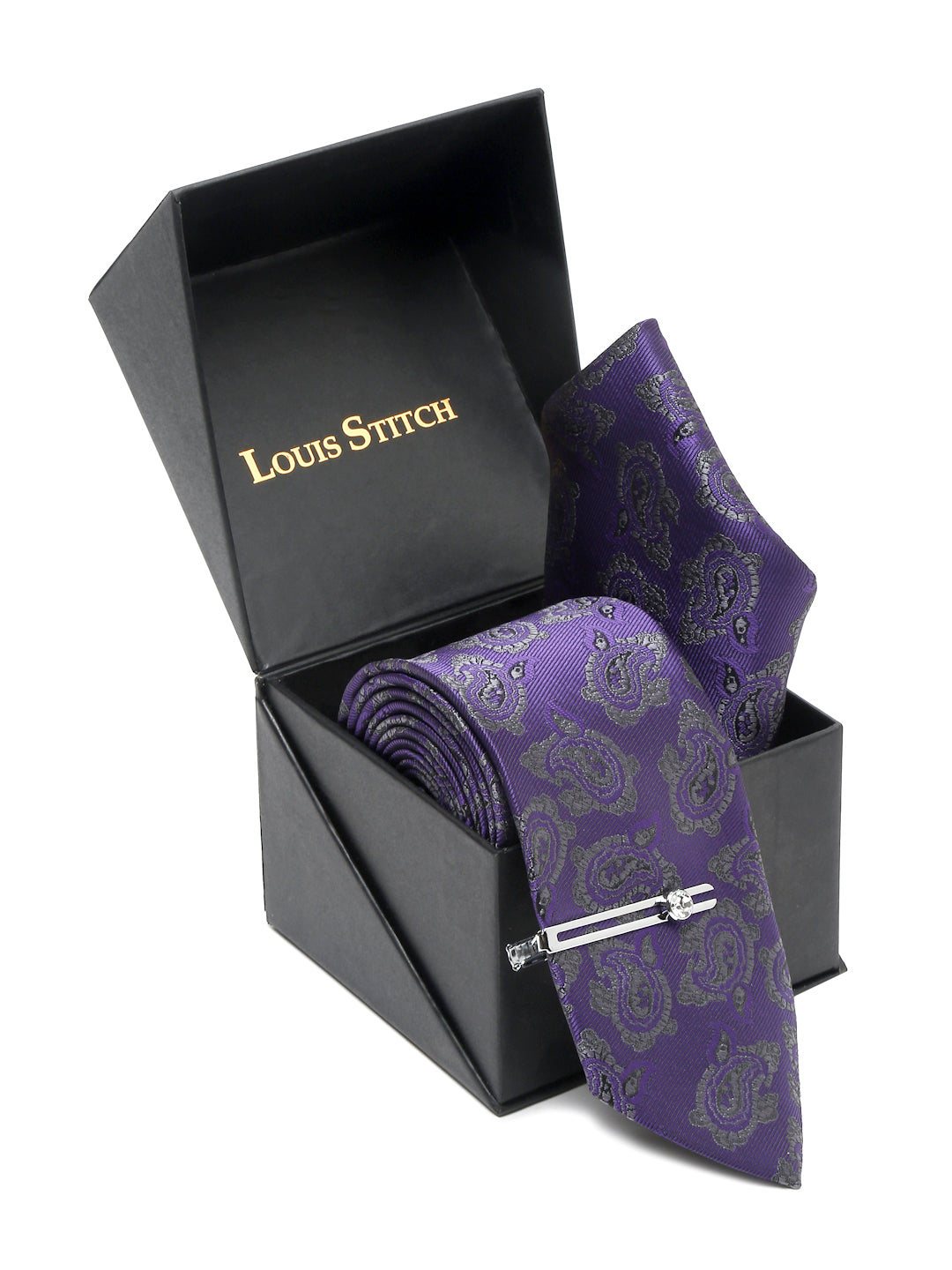 Iris Purple Luxury Italian Silk Necktie Set With Pocket Square Chrome Tie pin