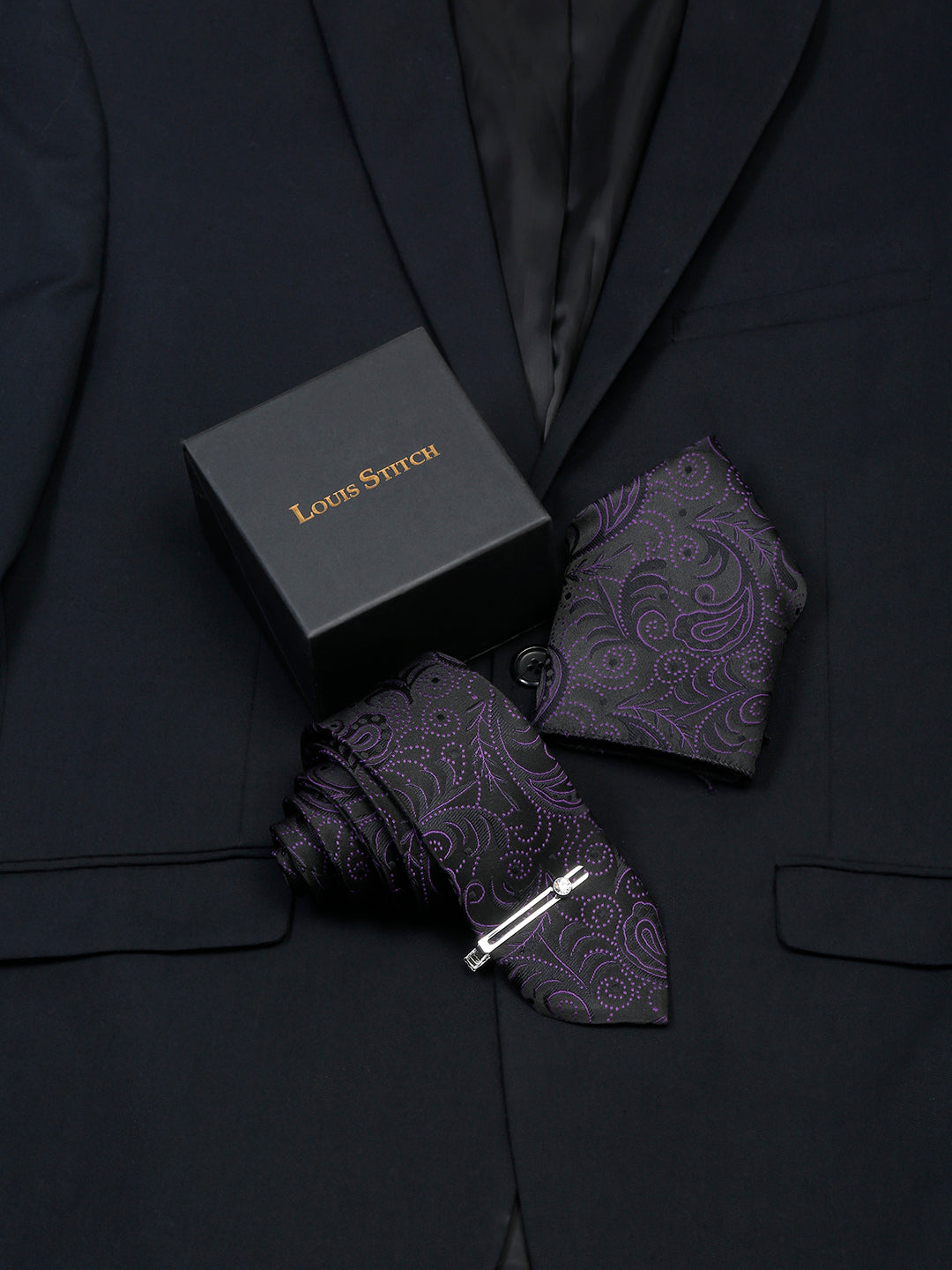  Heather Purple Luxury Italian Silk Necktie Set With Pocket Square Chrome Tie pin