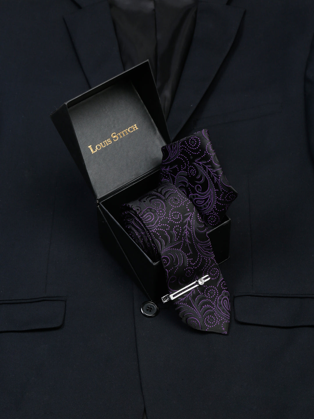 Heather Purple Luxury Italian Silk Necktie Set With Pocket Square Chrome Tie pin