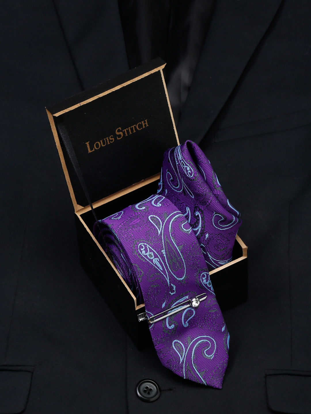 Purple Luxury Italian Silk Necktie Set With Pocket Square Chrome Tie pin