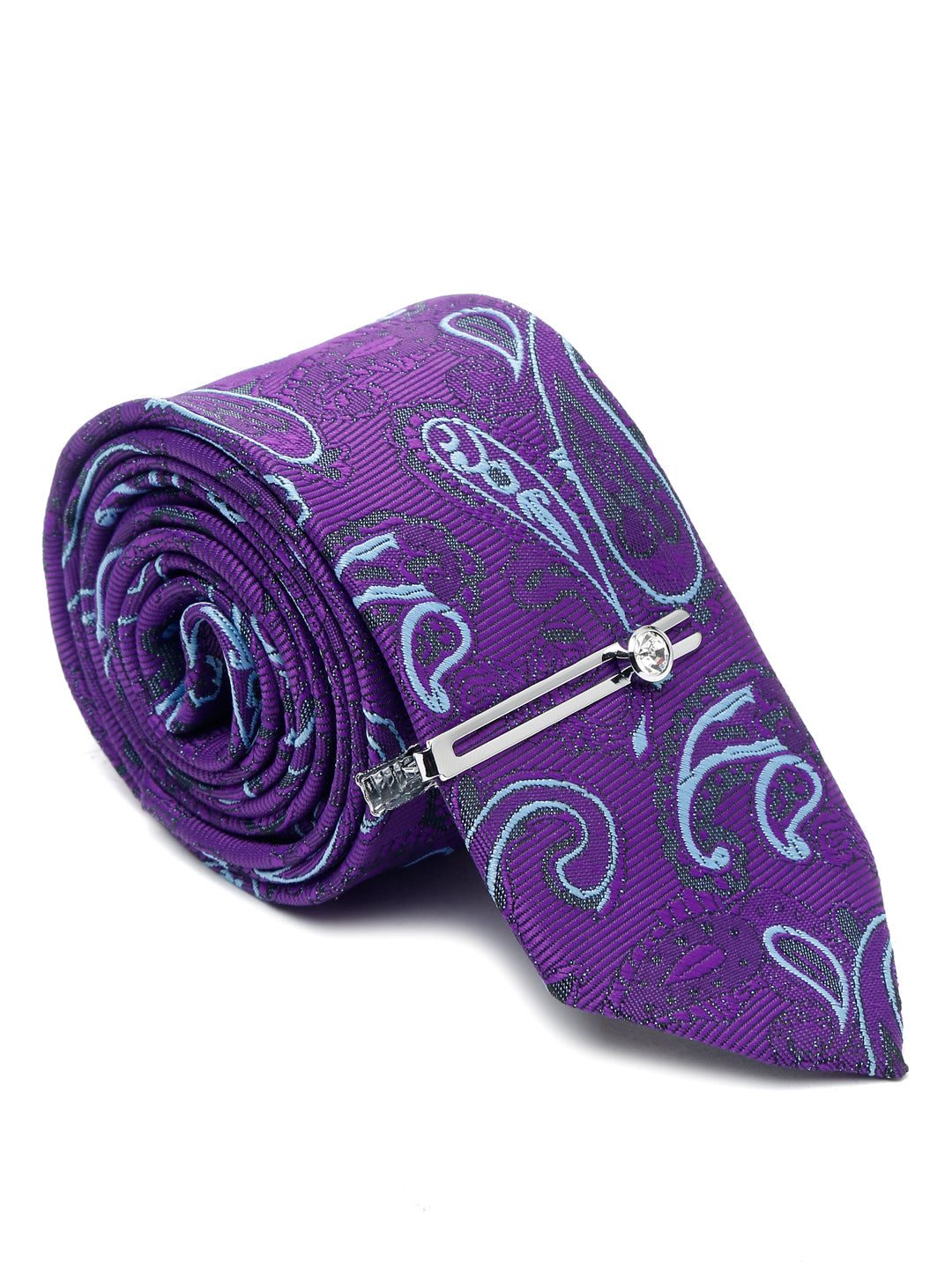 Purple Luxury Italian Silk Necktie Set With Pocket Square Chrome Tie pin