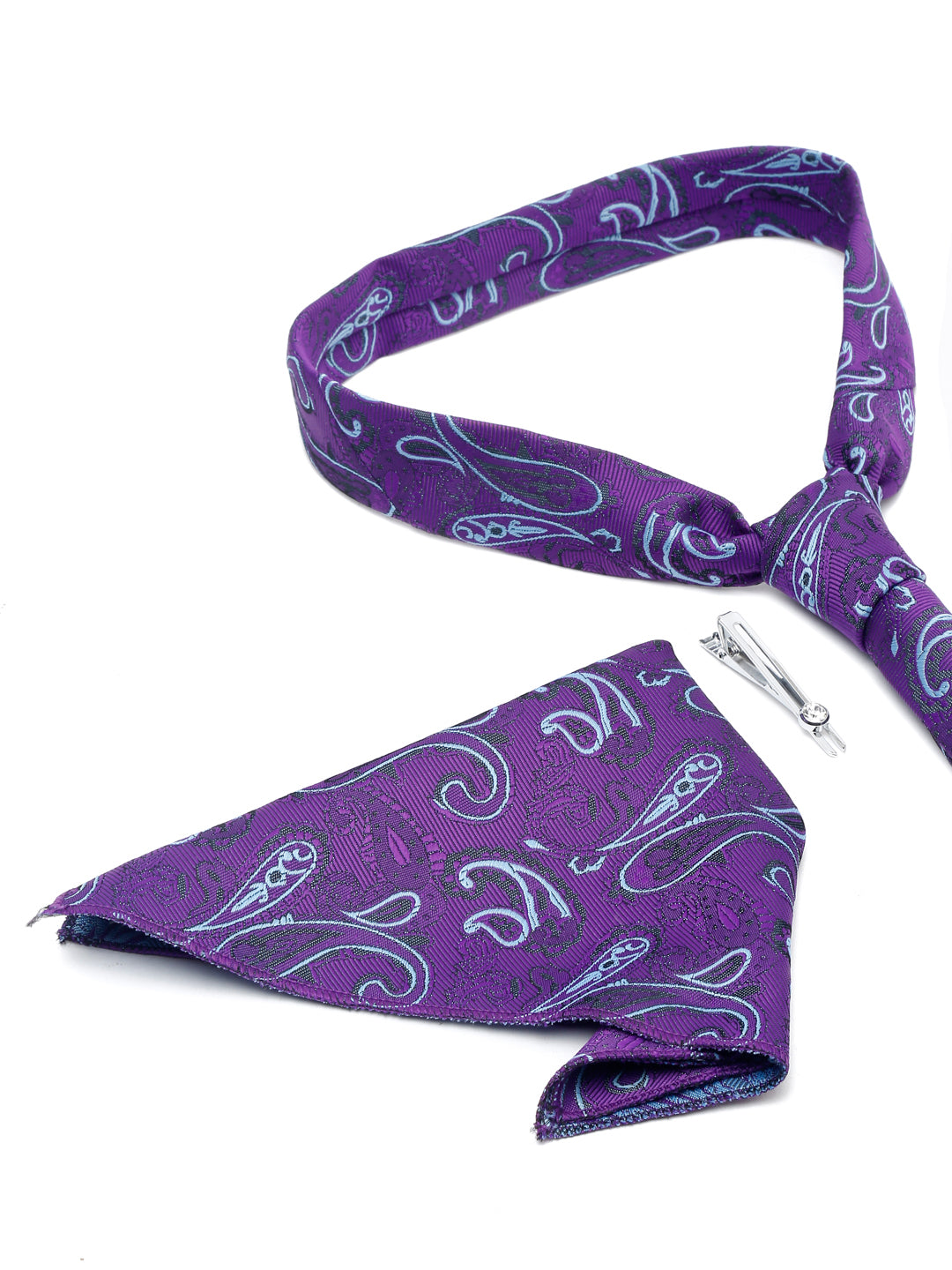 Purple Luxury Italian Silk Necktie Set With Pocket Square Chrome Tie pin