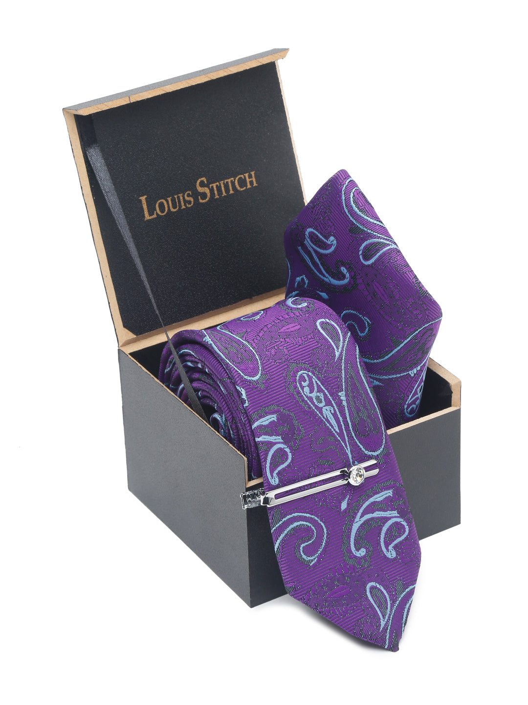 Purple Luxury Italian Silk Necktie Set With Pocket Square Chrome Tie pin