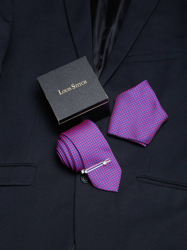  Violet Luxury Italian Silk Necktie Set With Pocket Square Chrome Tie pin