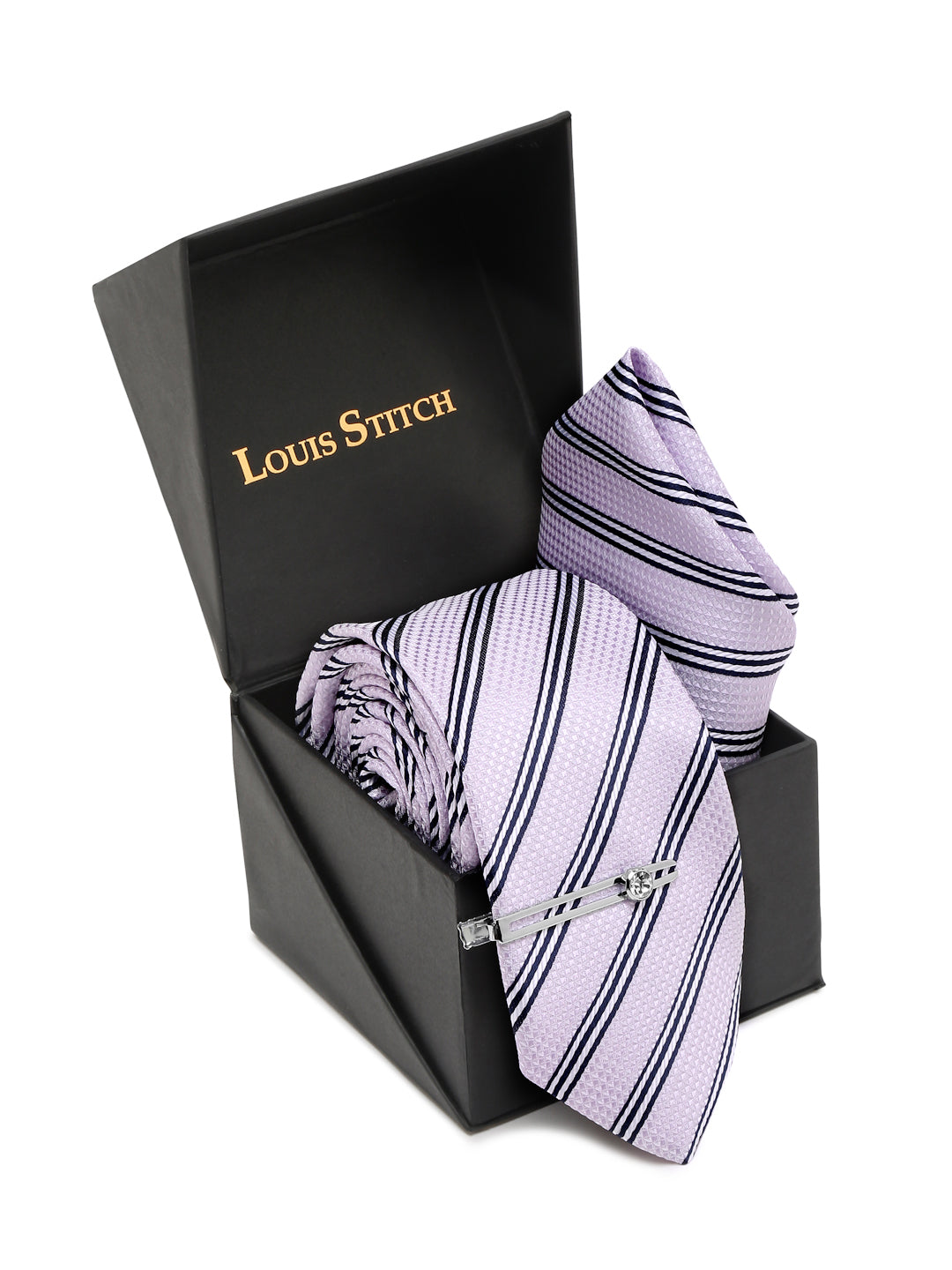 Lavender Italian Silk Necktie Set Pocket Square Chrome Tiepin