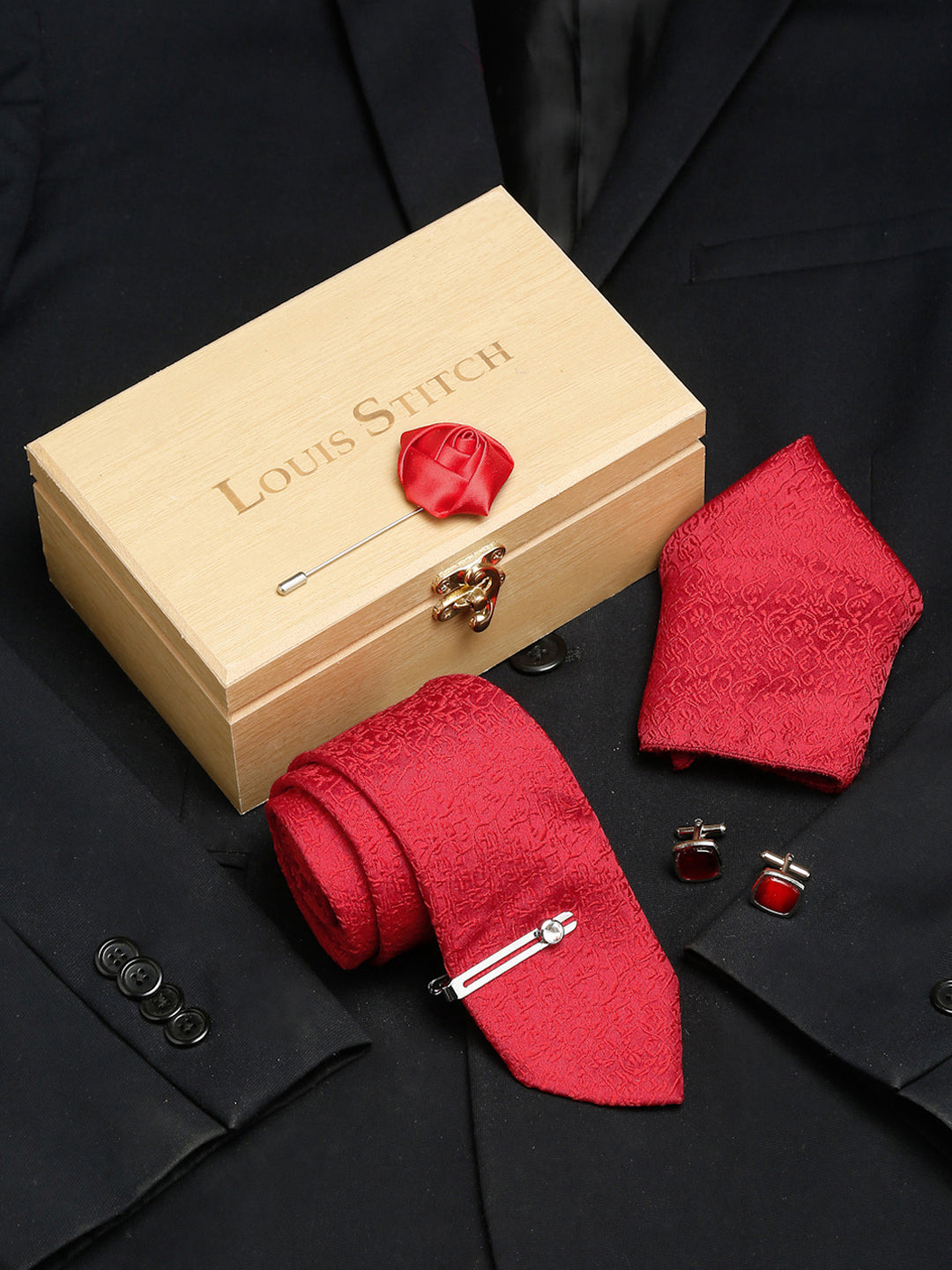 Ferrari Red Luxury Italian Silk Necktie Set With Pocket Square Cufflinks Brooch Chrome Tie pin