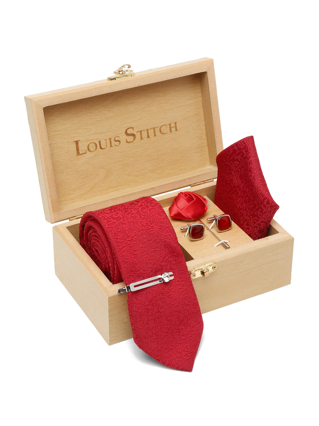 Ferrari Red Luxury Italian Silk Necktie Set With Pocket Square Cufflinks Brooch Chrome Tie pin