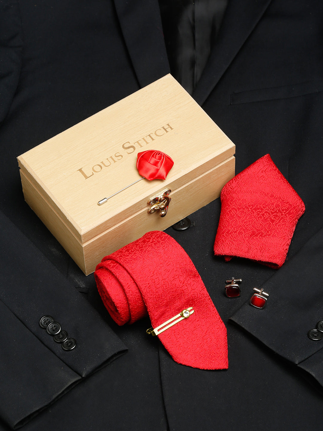 Ferrari Red Luxury Italian Silk Necktie Set With Pocket Square Cufflinks Brooch Gold Tie pin