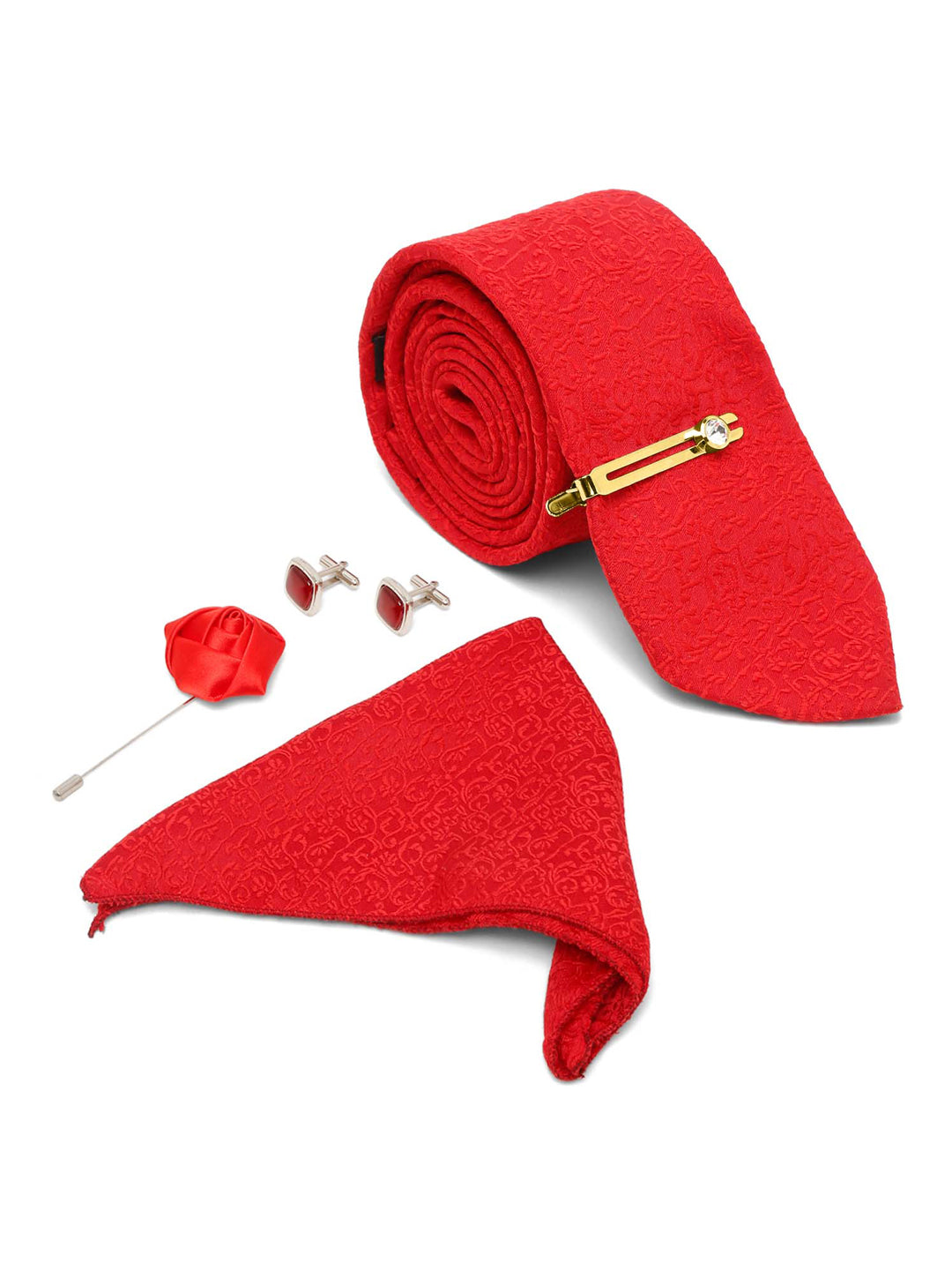 Ferrari Red Luxury Italian Silk Necktie Set With Pocket Square Cufflinks Brooch Gold Tie pin