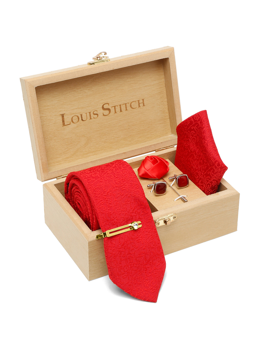 Ferrari Red Luxury Italian Silk Necktie Set With Pocket Square Cufflinks Brooch Gold Tie pin