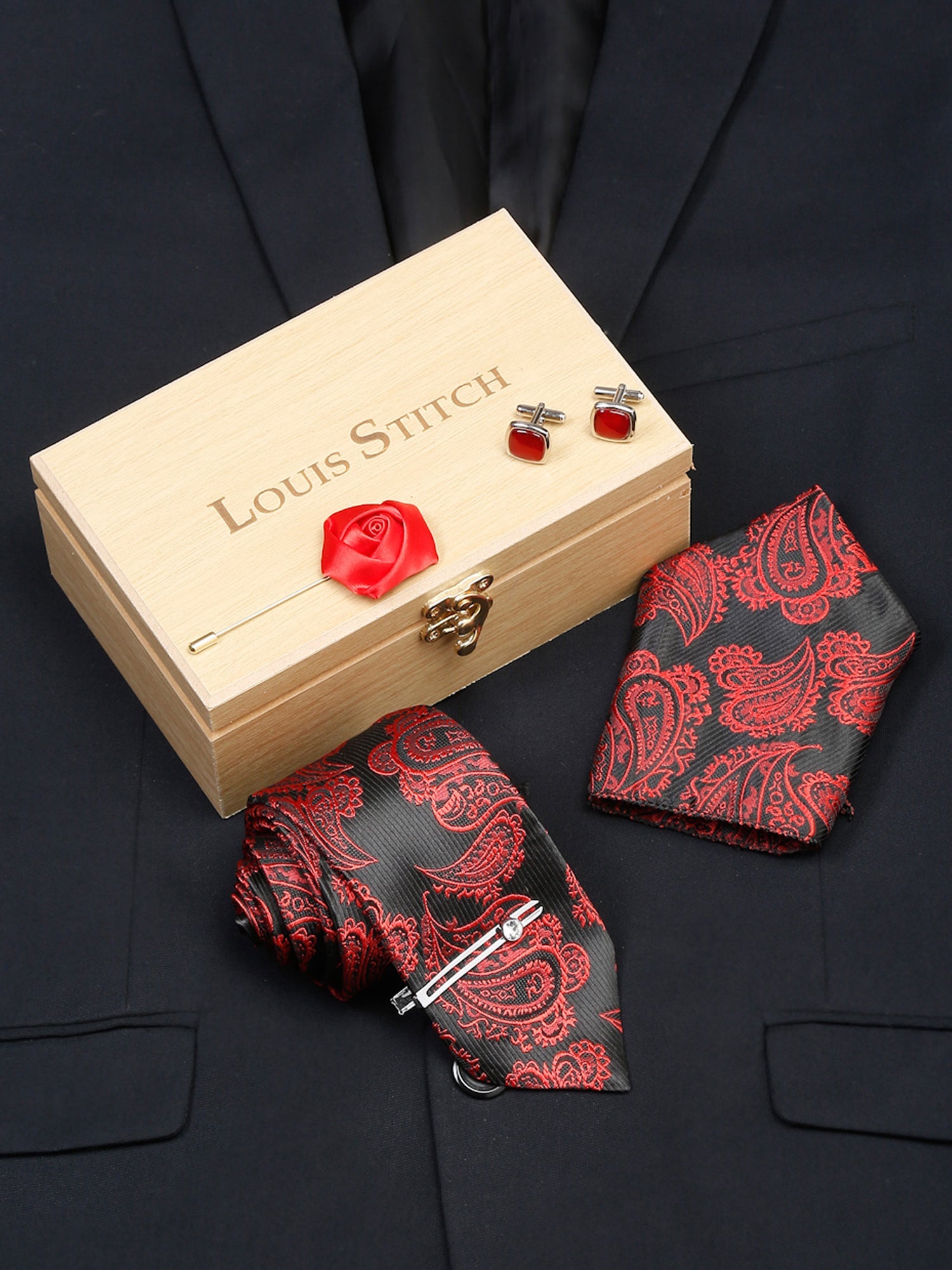 Imperial Red Luxury Italian Silk Necktie Set With Pocket Square Cufflinks Brooch Chrome Tie pin