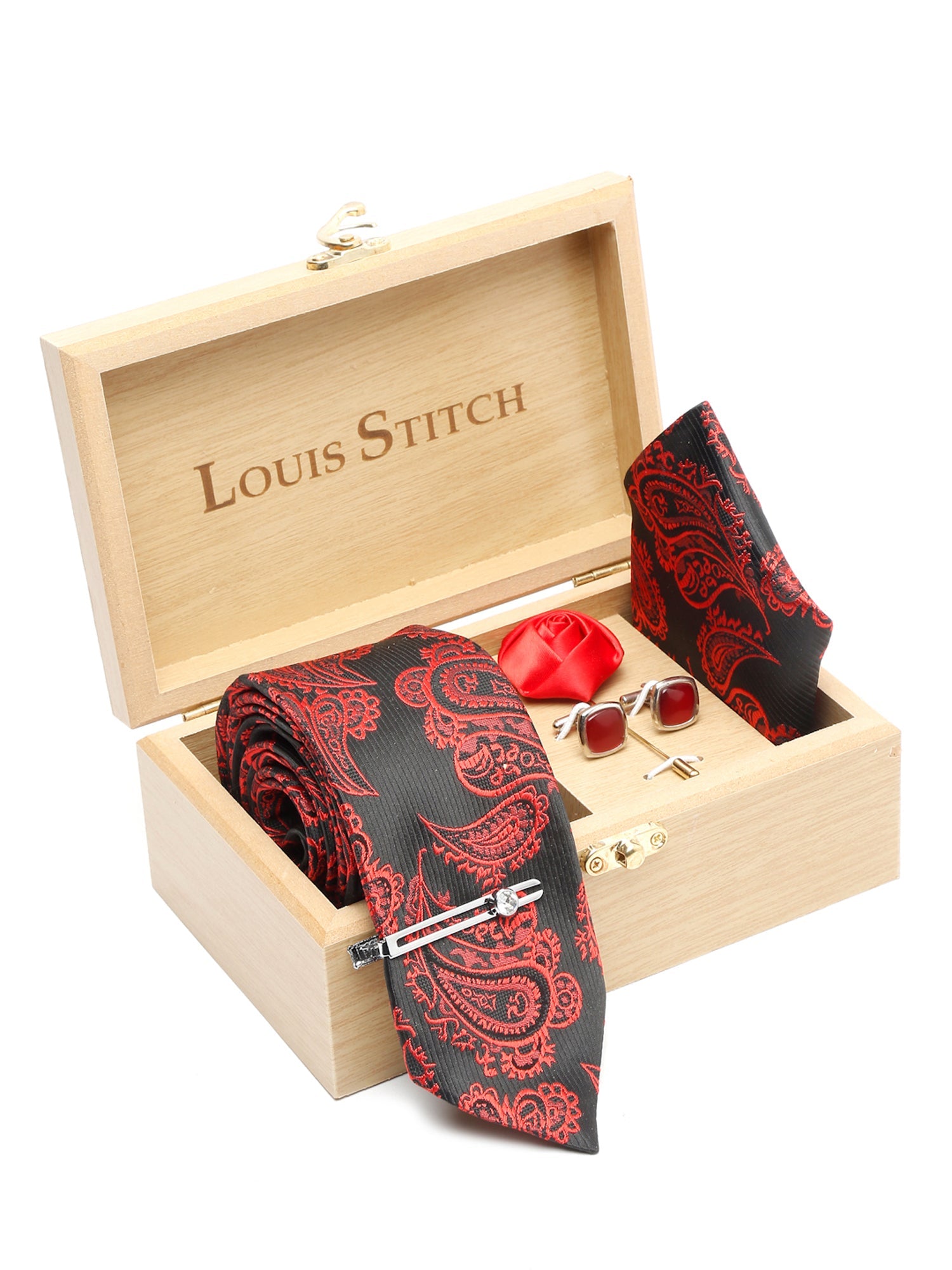 Imperial Red Luxury Italian Silk Necktie Set With Pocket Square Cufflinks Brooch Chrome Tie pin