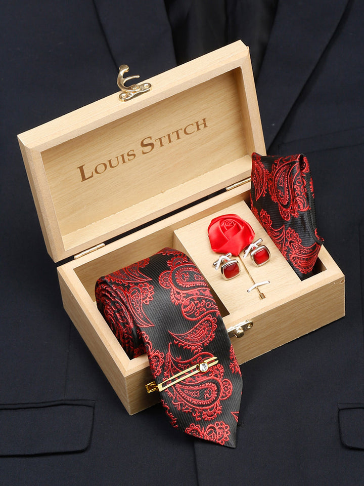  Imperial Red Luxury Italian Silk Necktie Set With Pocket Square Cufflinks Brooch Gold Tie pin